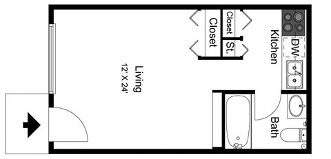 Floor plan for studio, 1 bath, 288 sqft